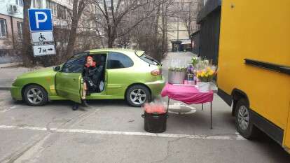 Продает тюльпаны на парковке